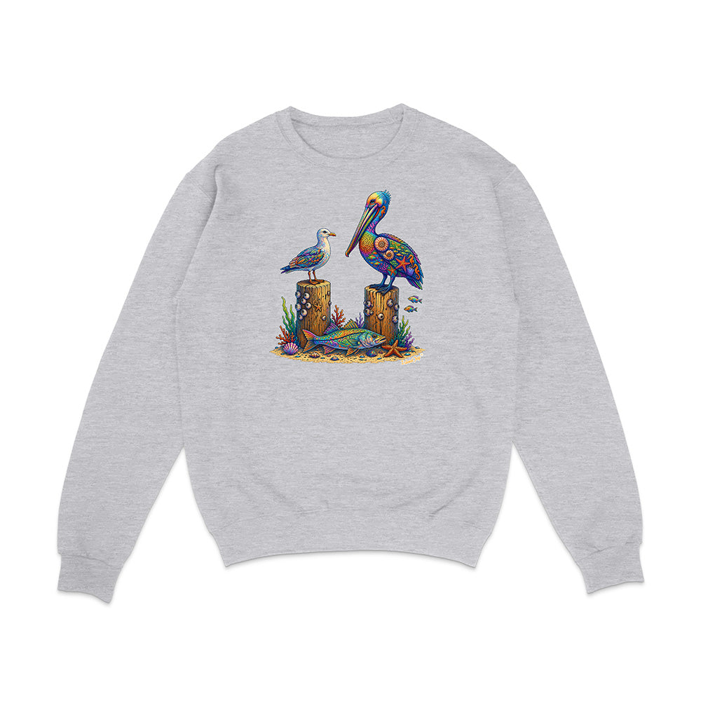 Gray sweatshirt with colorful pelican design on a white background