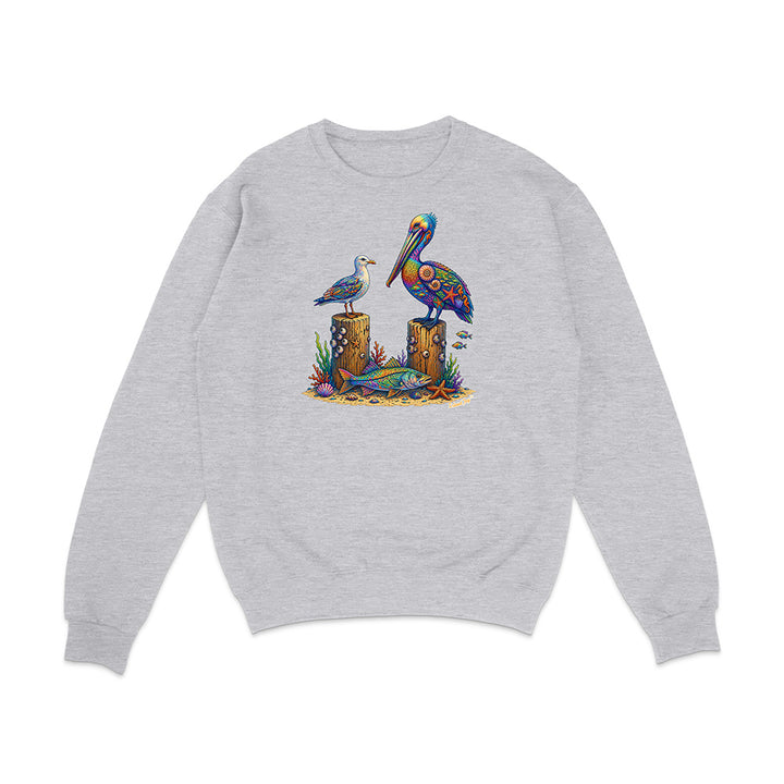Gray sweatshirt with colorful pelican design on a white background