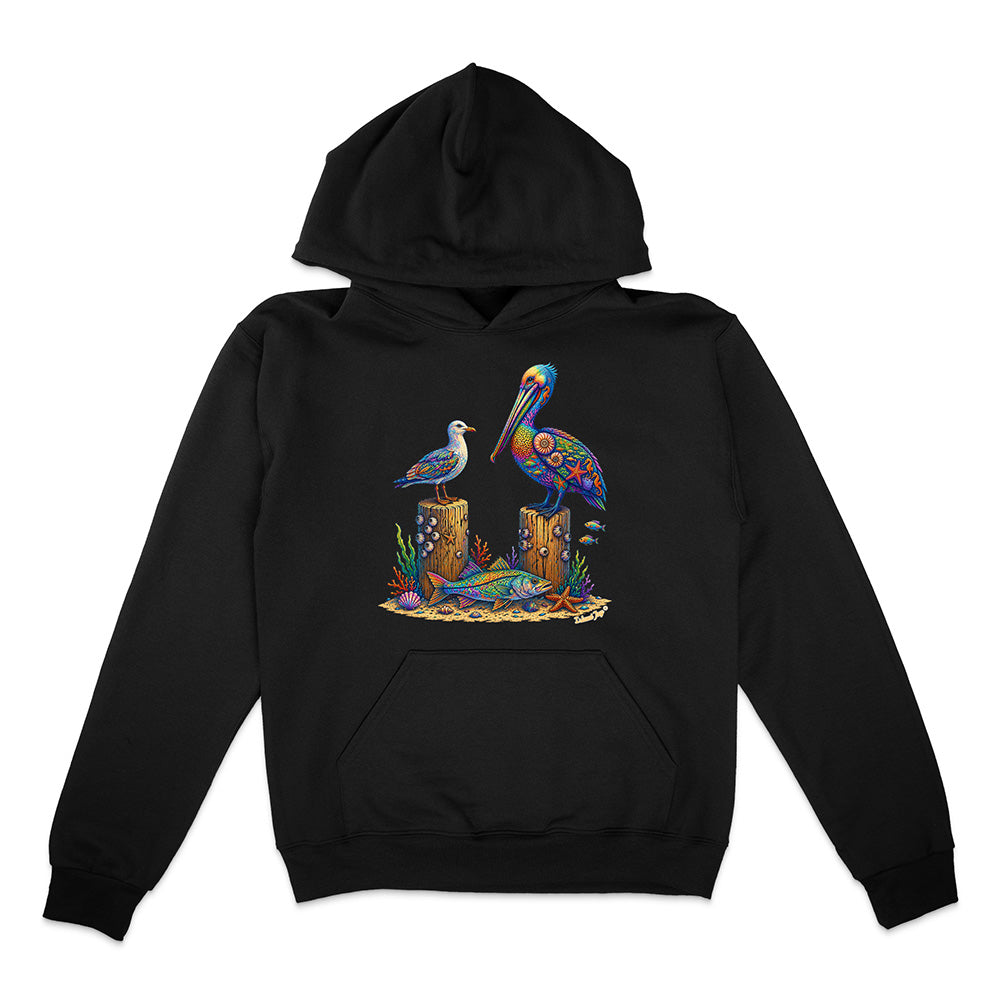 Black hoodie with a colorful pelican design on a white background