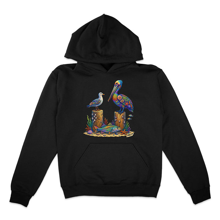 Black hoodie with a colorful pelican design on a white background