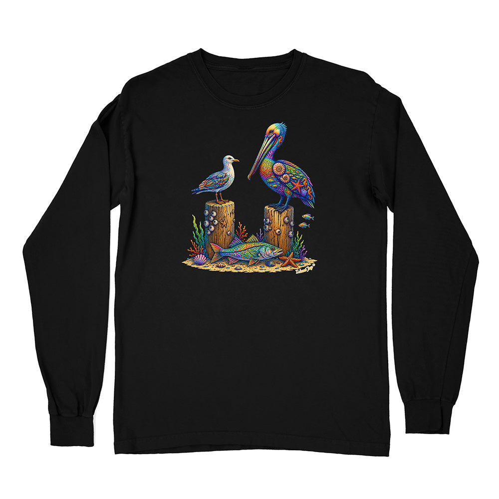 Black long-sleeve shirt with a colorful graphic of birds and fish on a white background