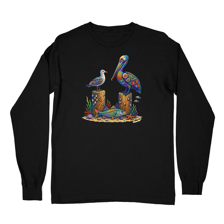 Black long-sleeve shirt with a colorful graphic of birds and fish on a white background