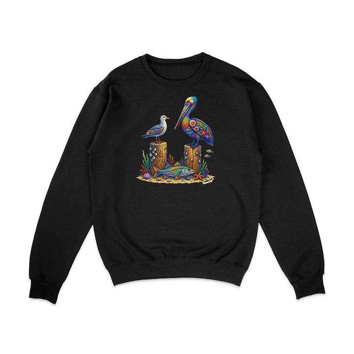 Black sweatshirt with colorful pelican design on a white background