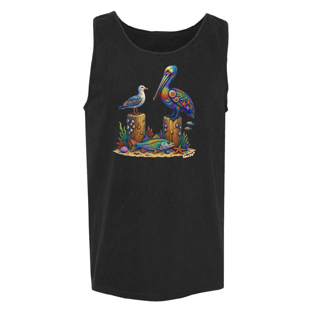 Black tank top with colorful pelican design on a white background