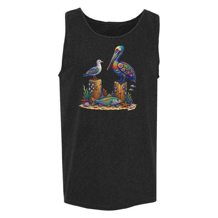 Black tank top with colorful pelican design on a white background