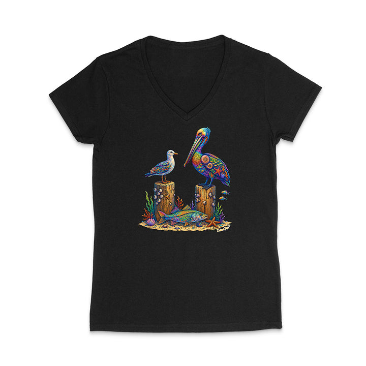 Black V-neck t-shirt with a colorful pelican and fish design on a white background