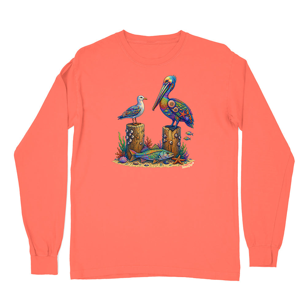 Coral long-sleeve shirt with a colorful pelican design on a white background