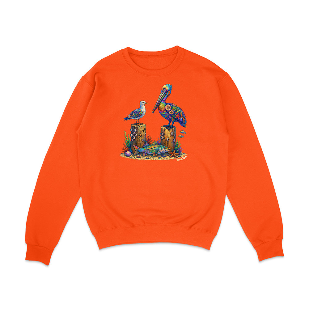 Orange sweatshirt with a colorful bird design on a white background
