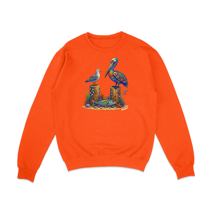 Orange sweatshirt with a colorful bird design on a white background