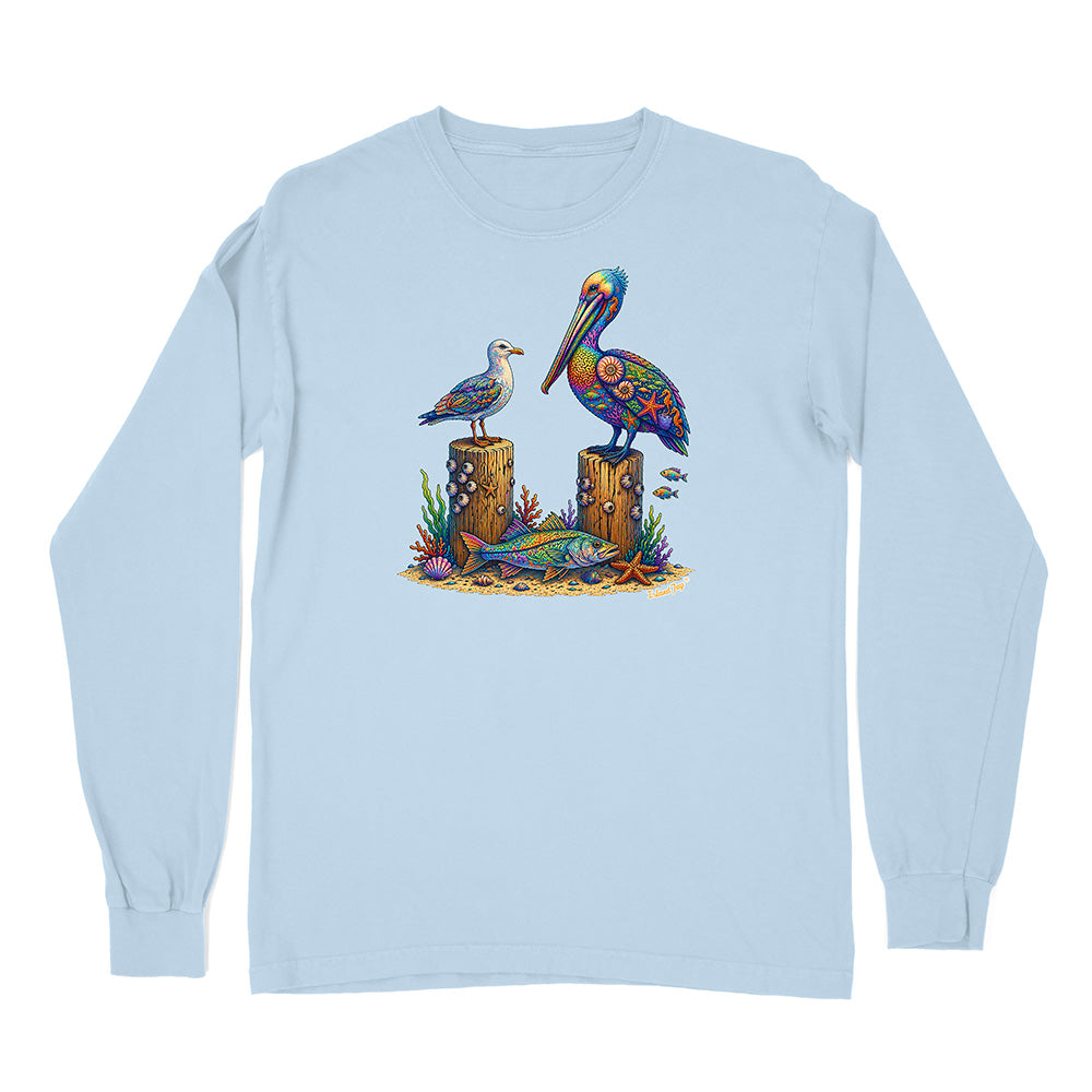 Light blue long-sleeve shirt with a colorful pelican design on a white background