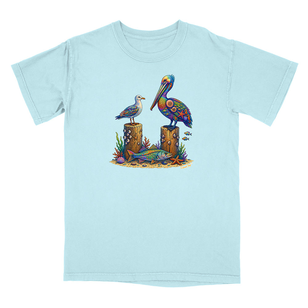 Light blue t-shirt with a colorful pelican design on a white background