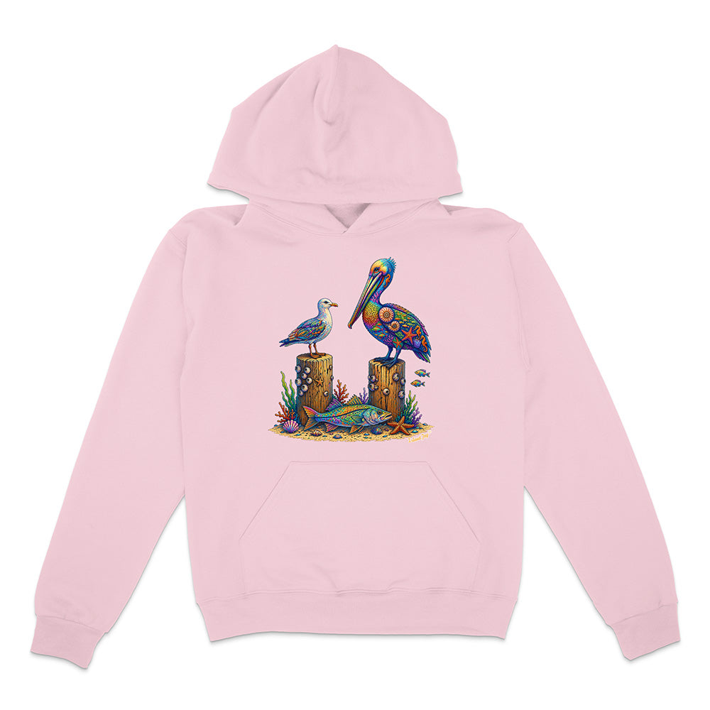 Pink hoodie with a colorful pelican design on a white background