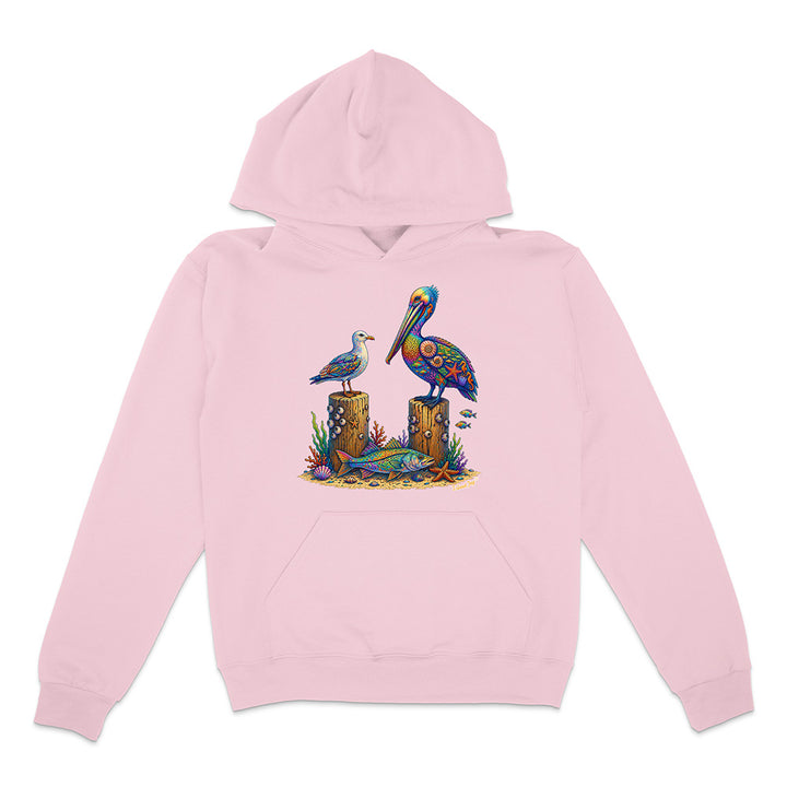 Pink hoodie with a colorful pelican design on a white background