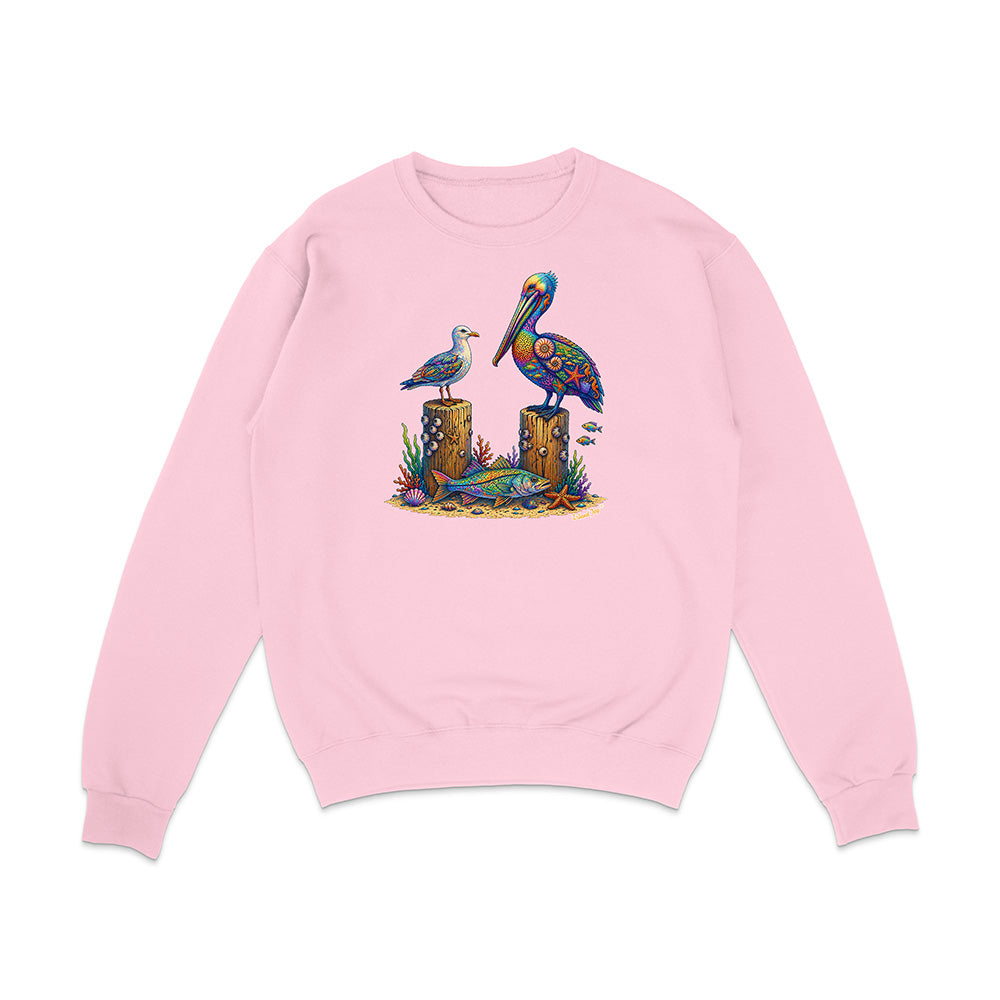 Pink sweatshirt with a colorful pelican design on a white background