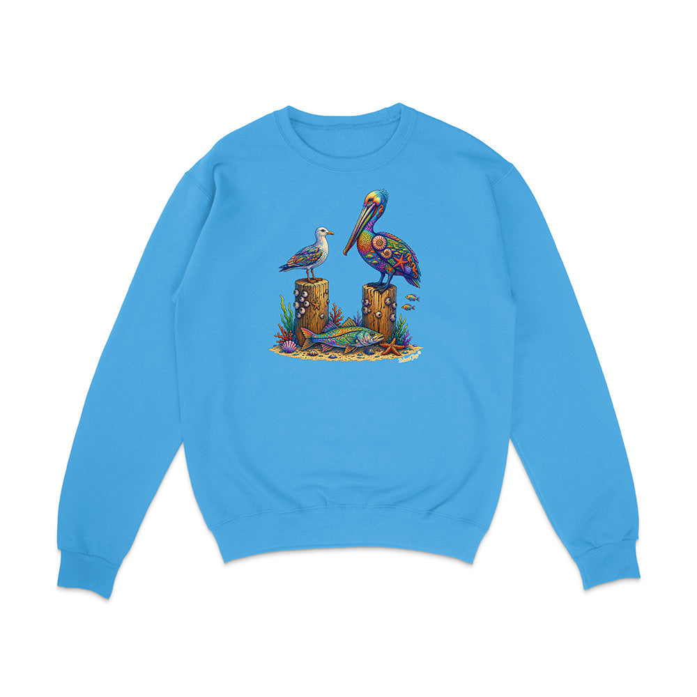Blue sweatshirt with a colorful pelican design on a white background