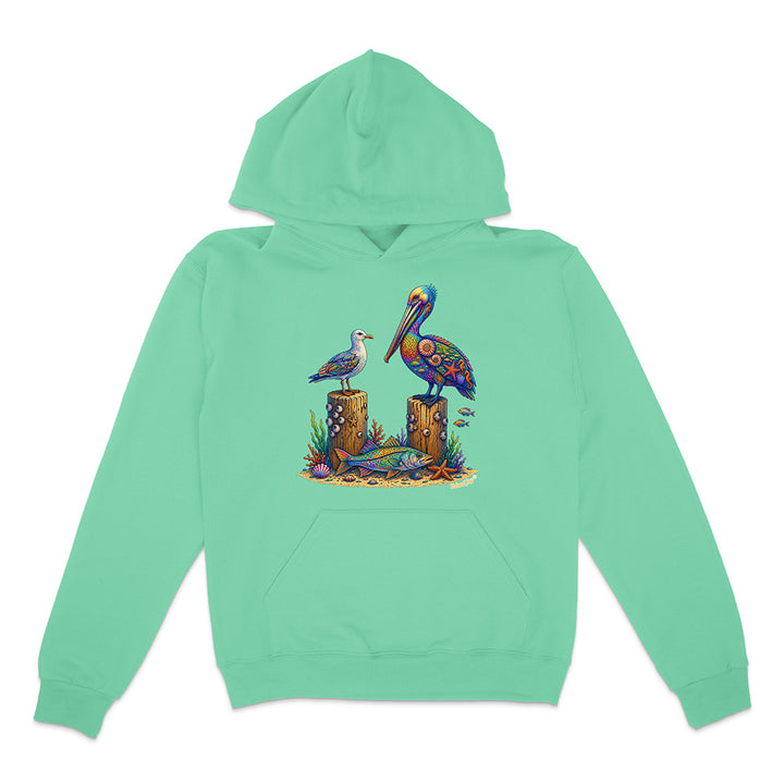 Mint green hoodie with a colorful pelican design on a white background