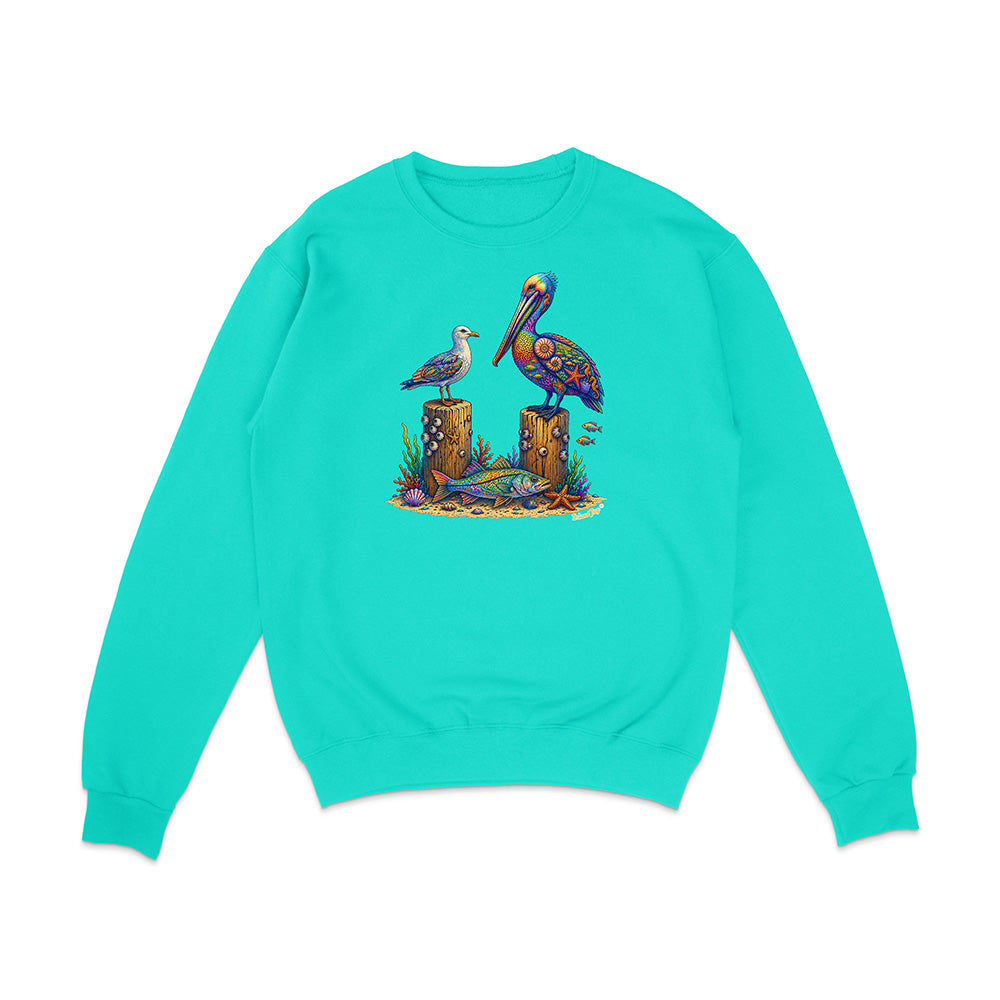 Turquoise sweatshirt with a colorful pelican design on a white background
