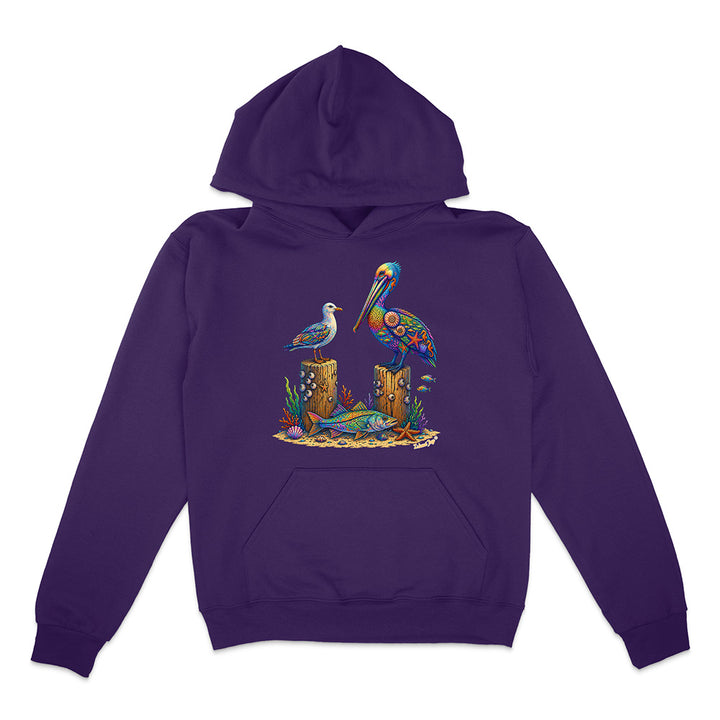 Purple hoodie with a colorful pelican design on a white background