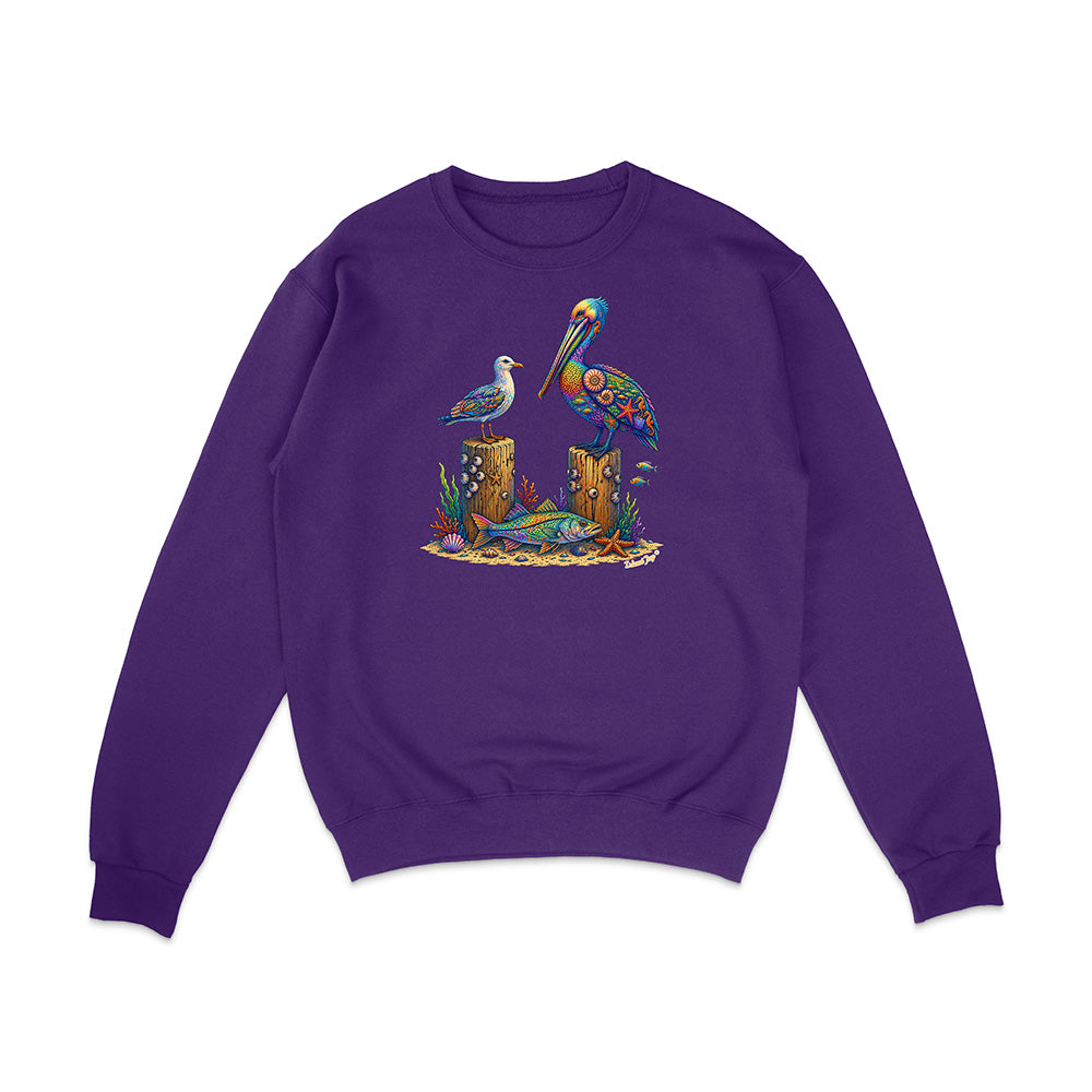 Purple sweatshirt with a colorful graphic of two birds on logs and underwater plants.