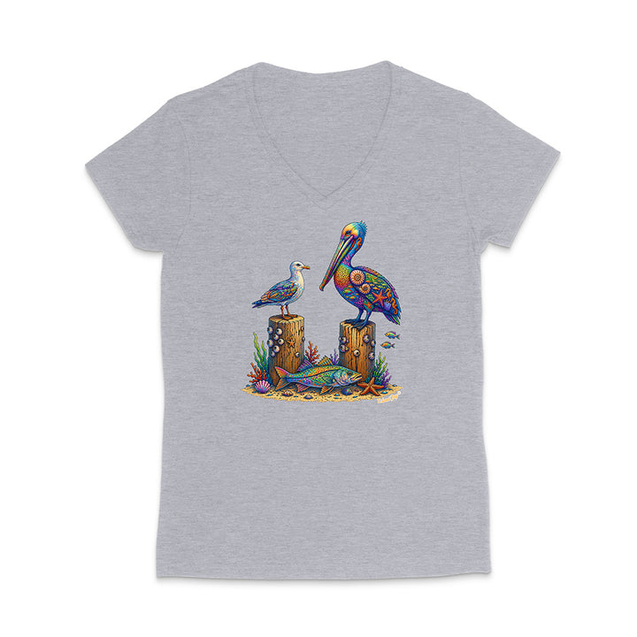Gray t-shirt with a colorful pelican design on a white background