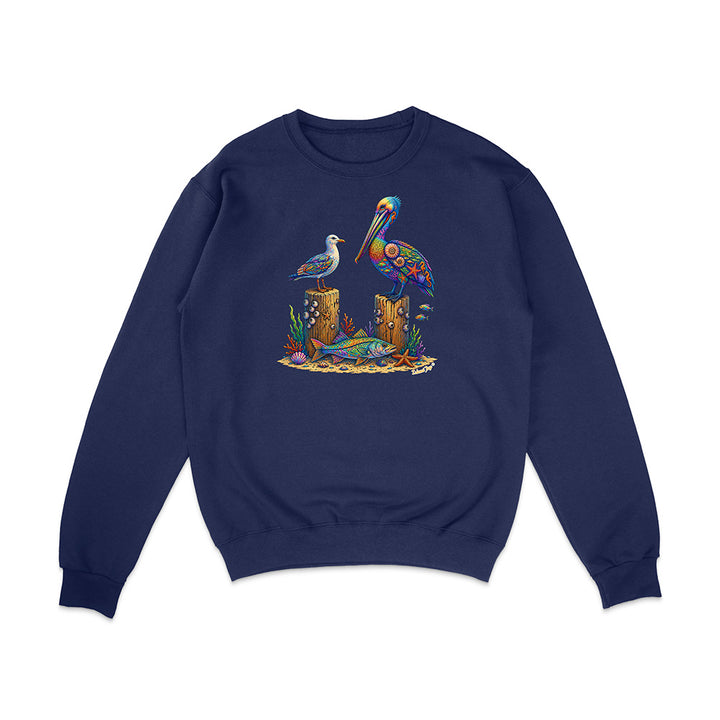 Navy blue sweatshirt with a colorful graphic of two birds on logs and a fish.