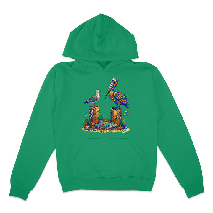Green hoodie with a colorful bird design on a white background