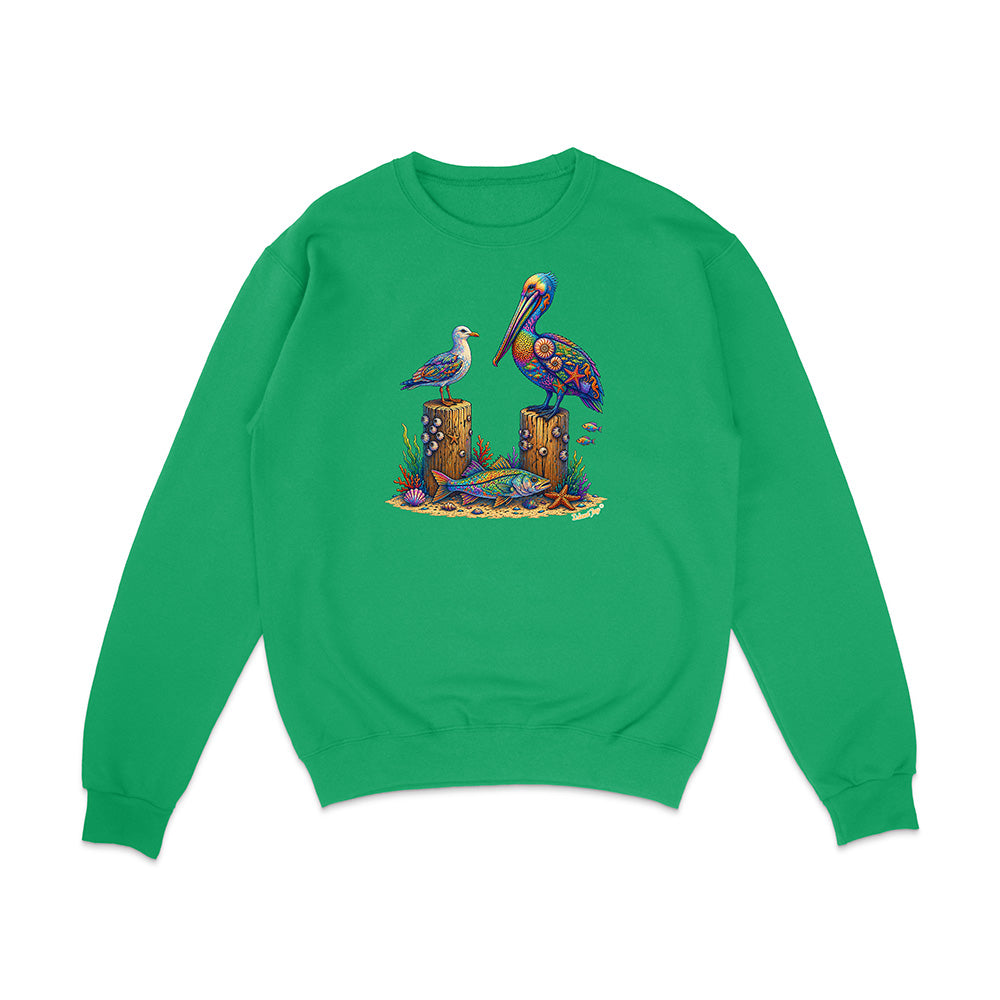 Green sweatshirt with a colorful pelican design on a white background