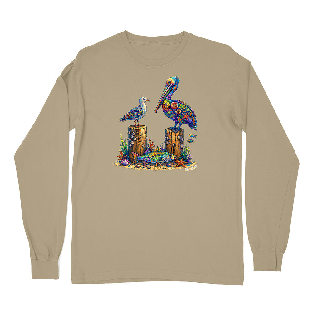 Beige long-sleeve shirt with a colorful pelican design on a white background