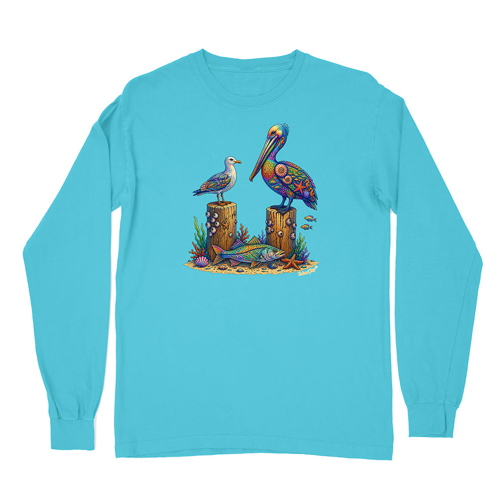 Blue long-sleeve shirt with a colorful pelican design on a white background