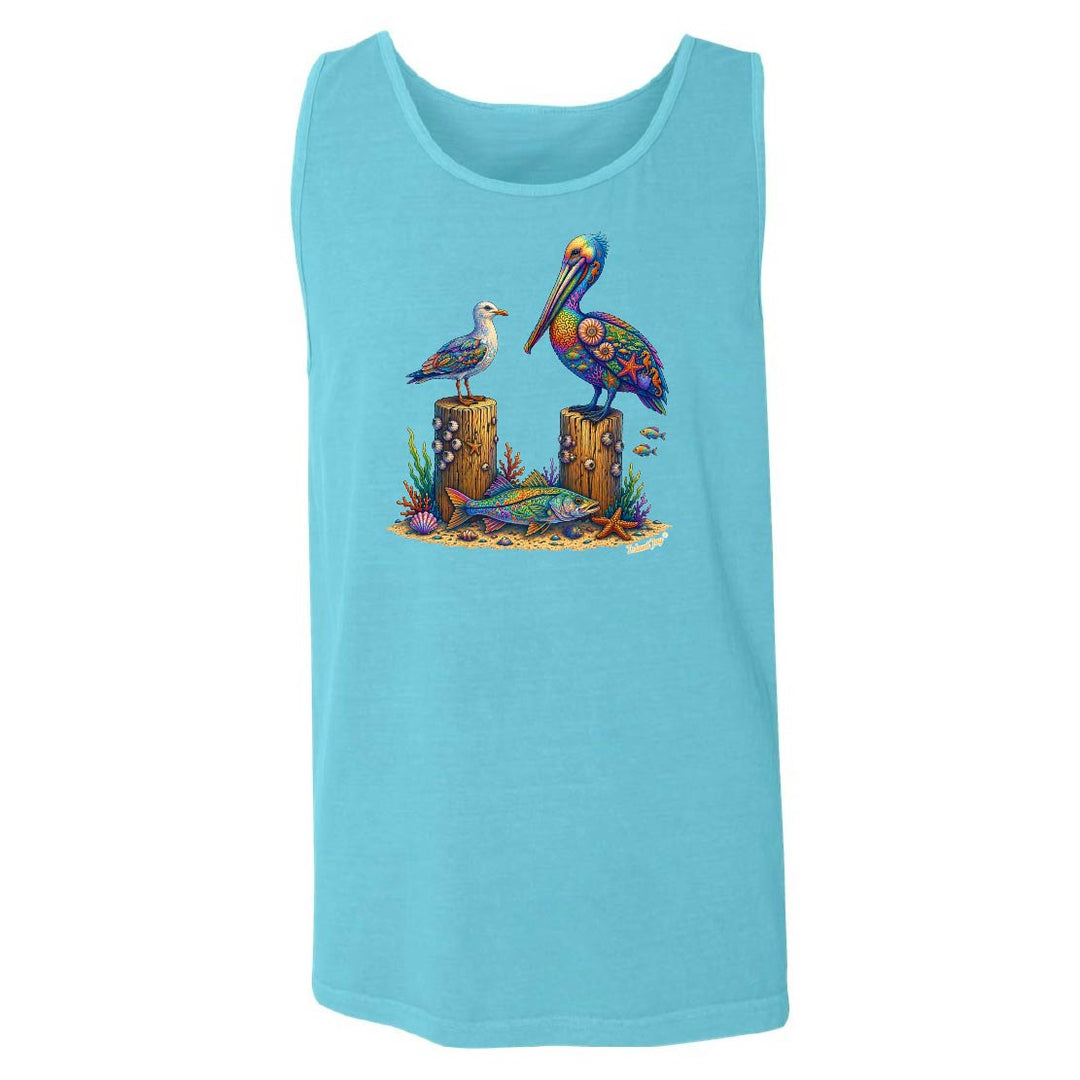 Light blue tank top with colorful pelican design on a white background