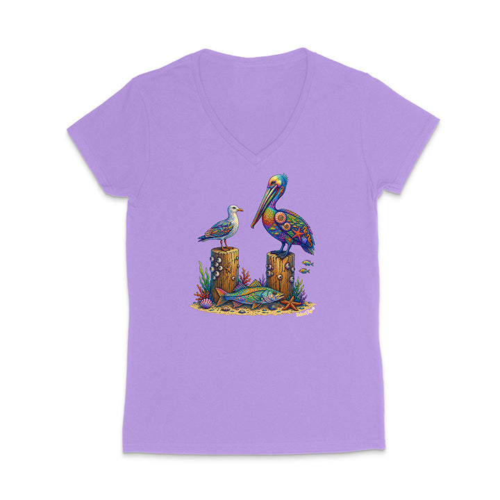 Purple t-shirt with a colorful pelican design on a white background