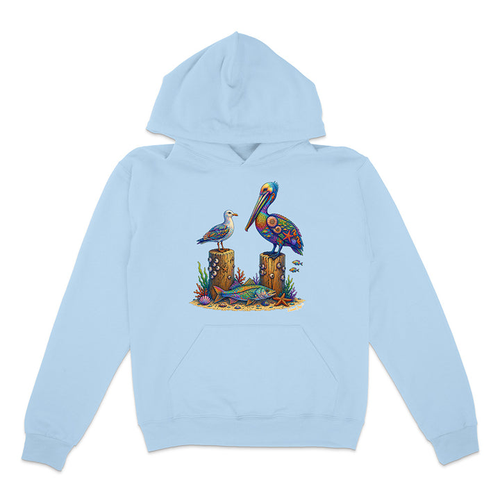 Light blue hoodie with a colorful pelican design on a white background