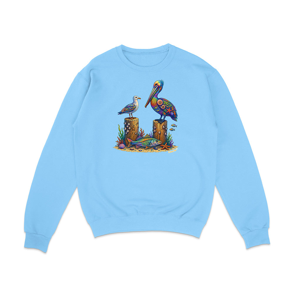 Light blue sweatshirt with a colorful pelican design on a white background