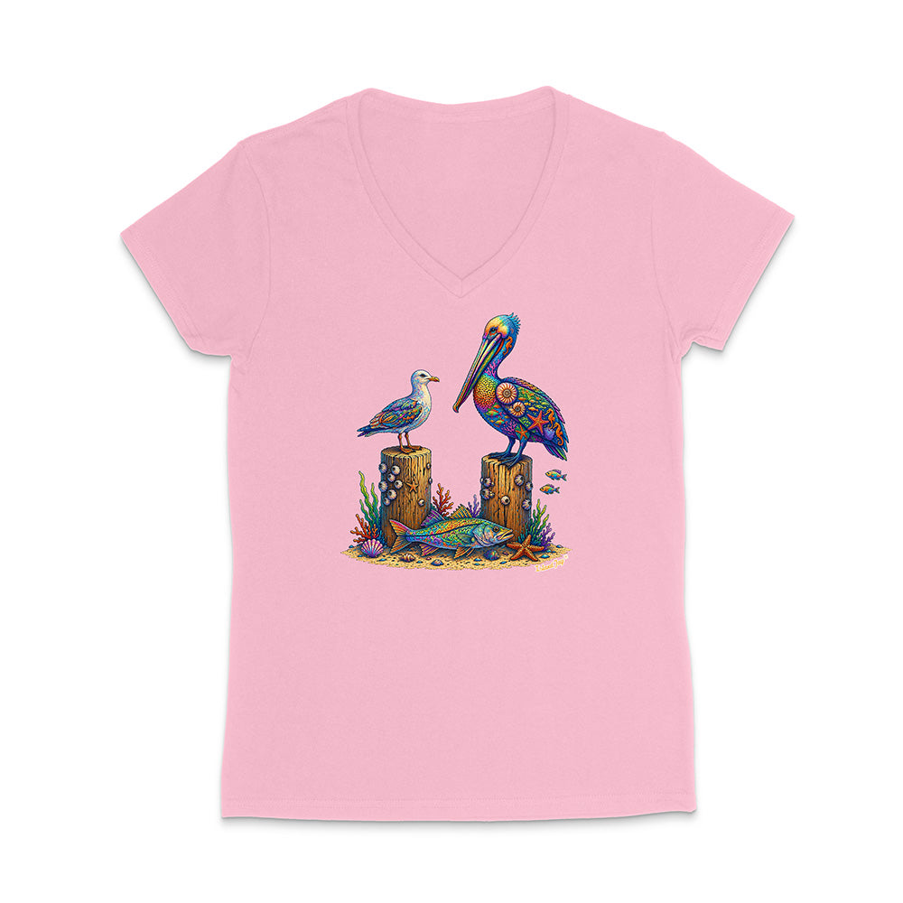 Pink t-shirt with a colorful pelican design on a white background