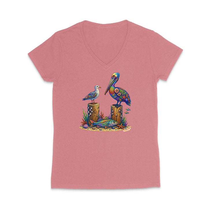 Pink t-shirt with a colorful pelican design on a white background