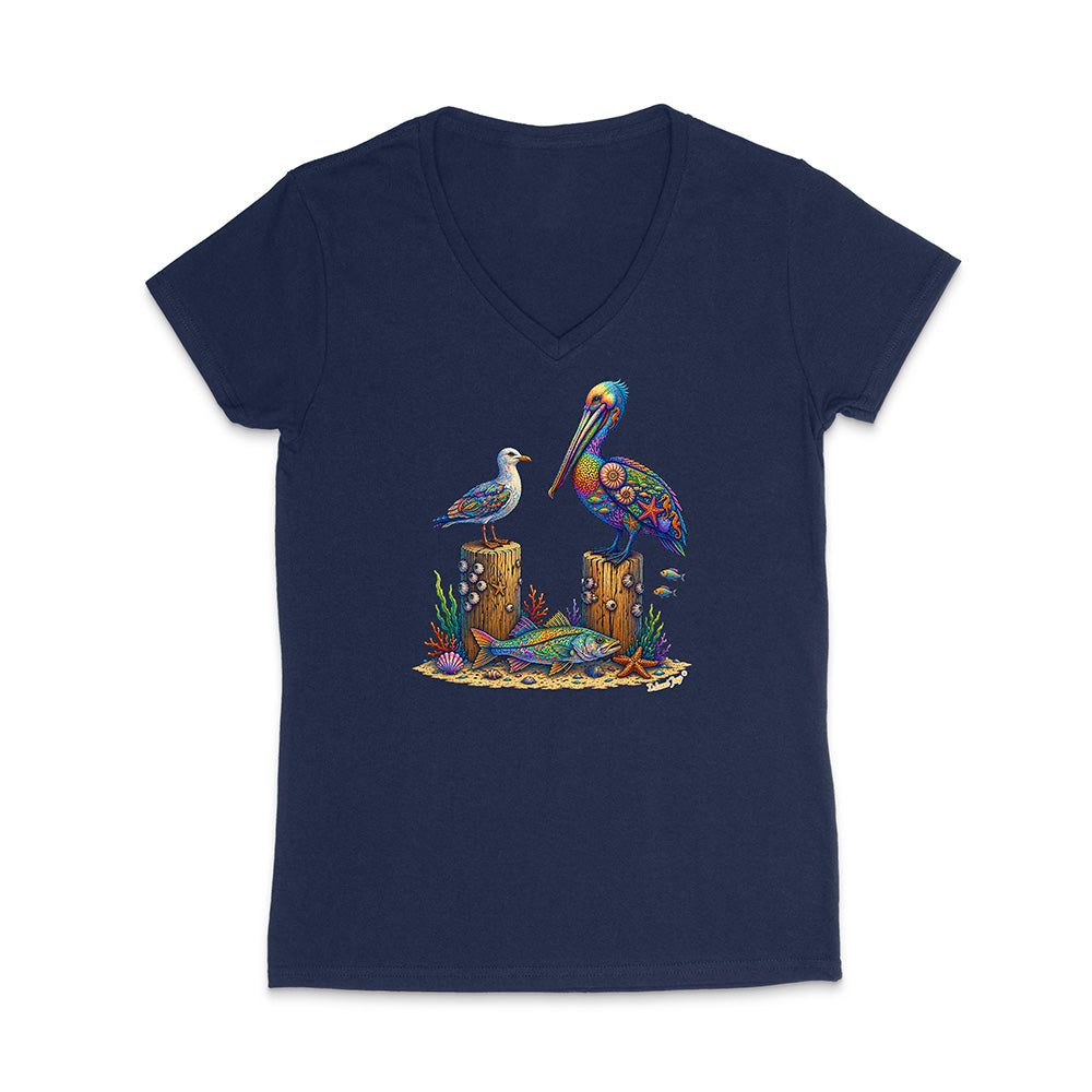 Navy blue t-shirt with a colorful pelican design on a white background