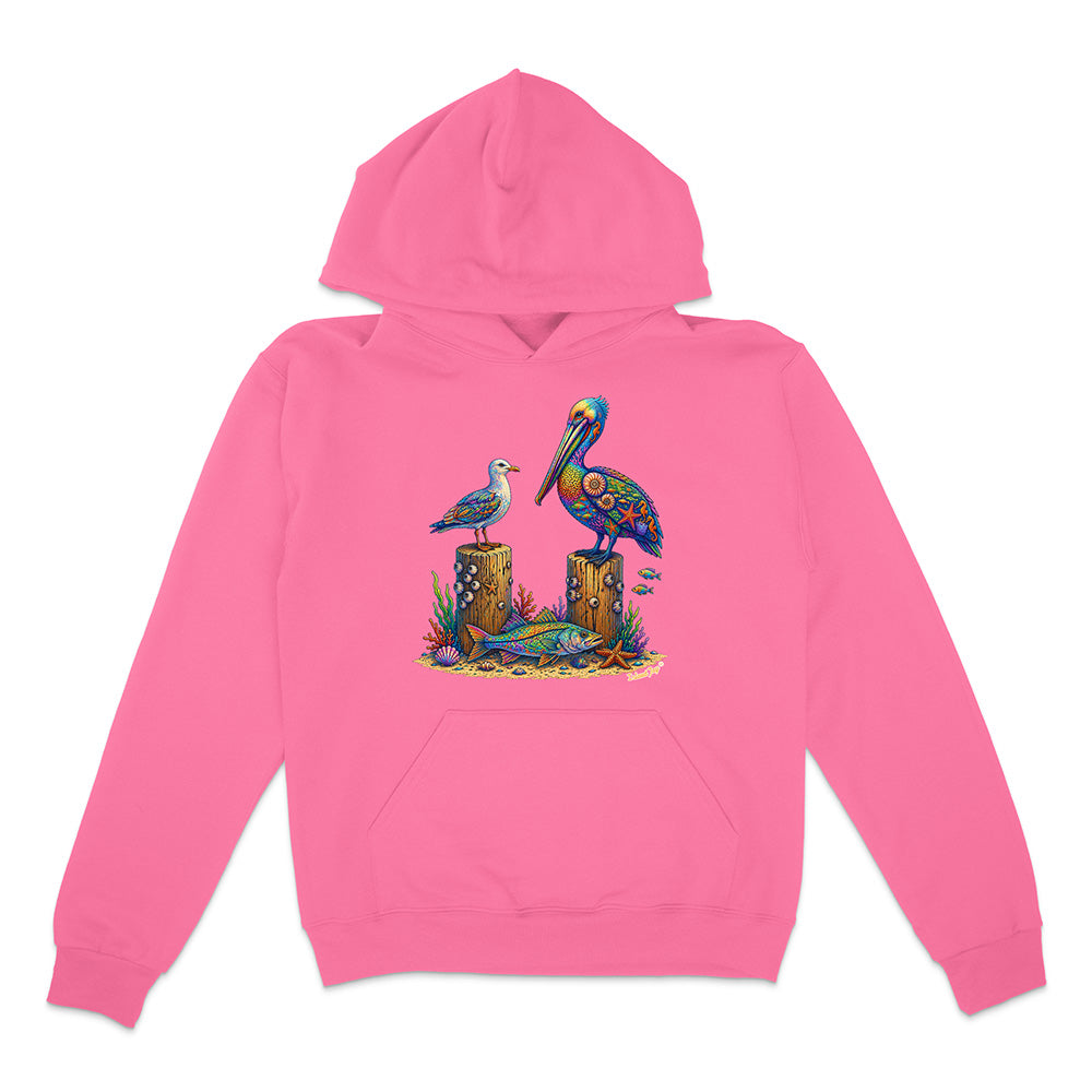 Pink hoodie with a colorful pelican design on a white background