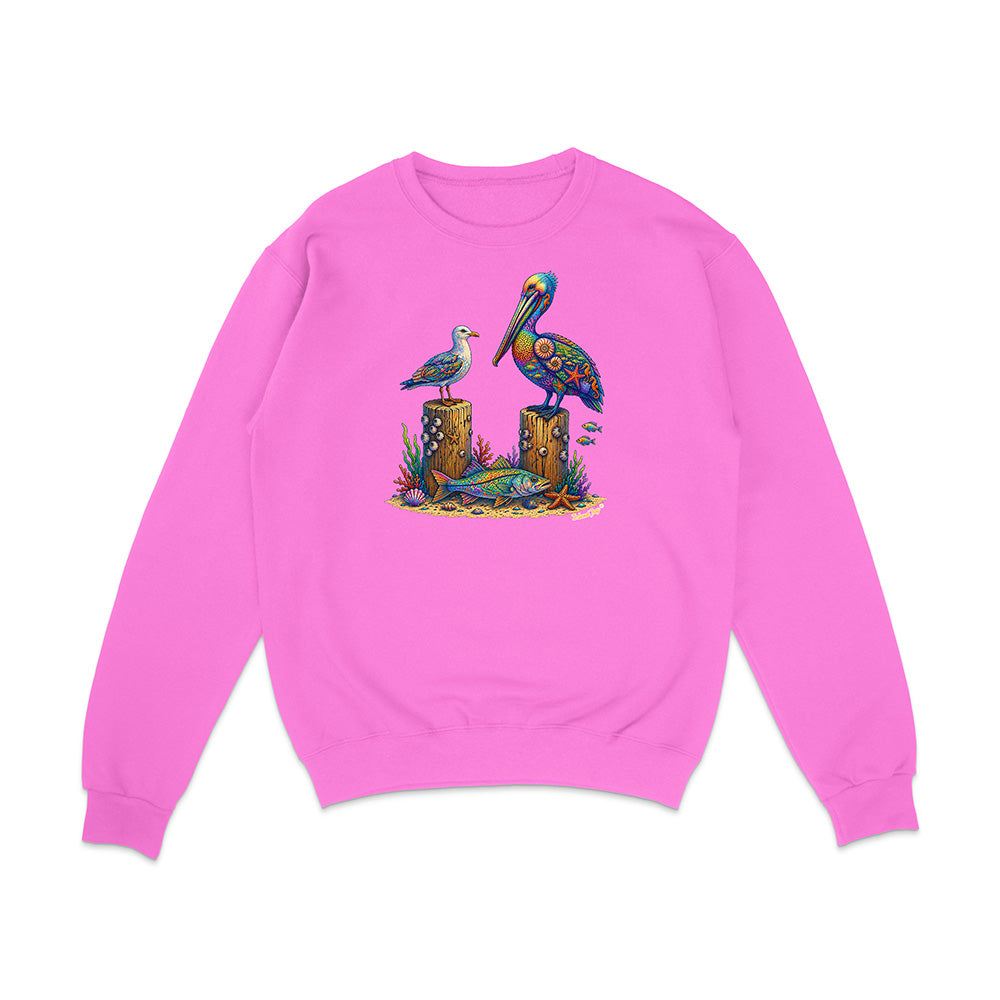 Pink sweatshirt with a colorful pelican design on a white background