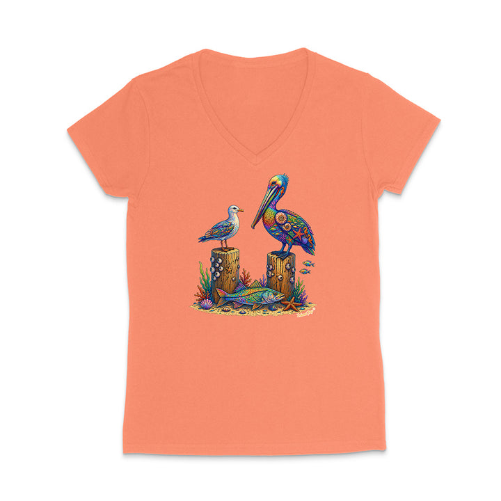 Coral t-shirt with a colorful pelican design on a white background