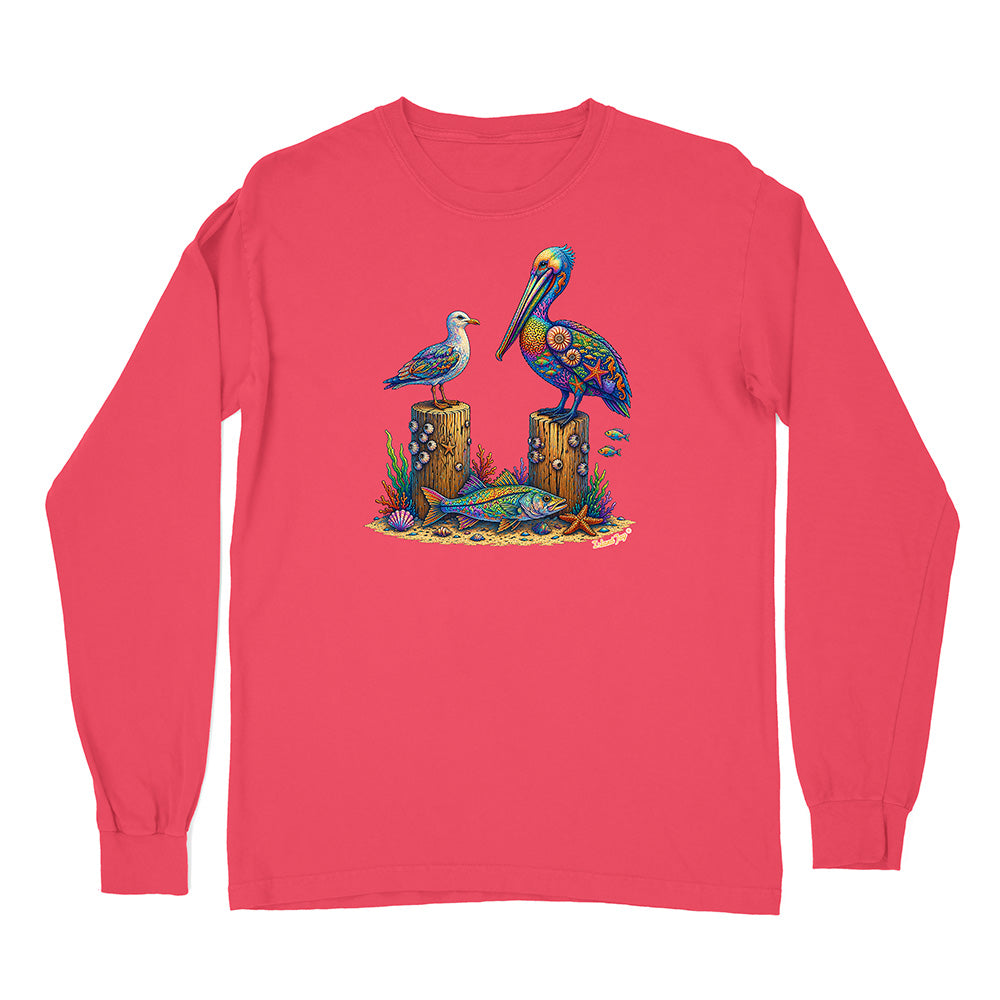 Red long-sleeve shirt with a colorful pelican design on a white background