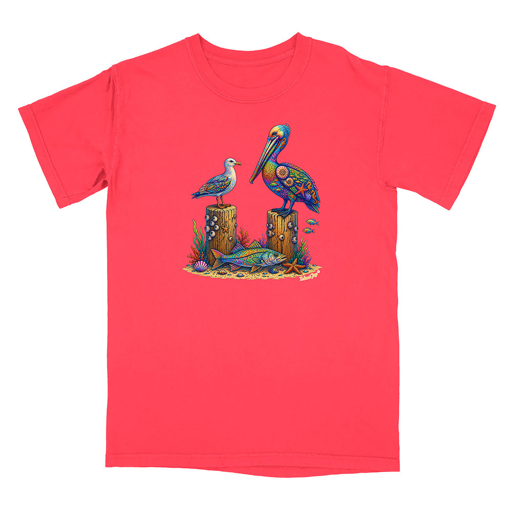 Red t-shirt with a colorful pelican and bird design on a white background