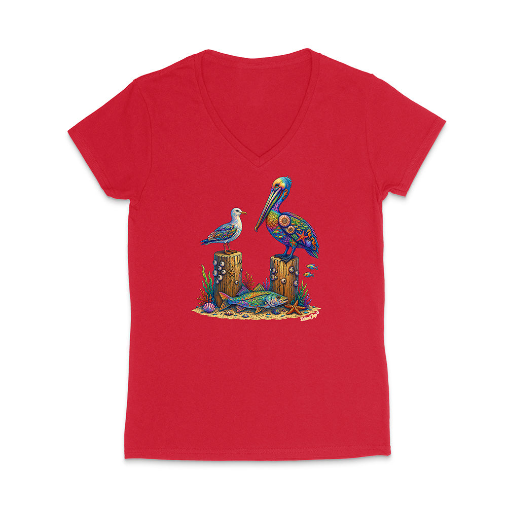 Red V-neck t-shirt with a colorful bird design on a white background