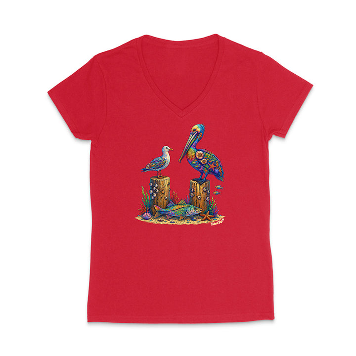 Red V-neck t-shirt with a colorful bird design on a white background
