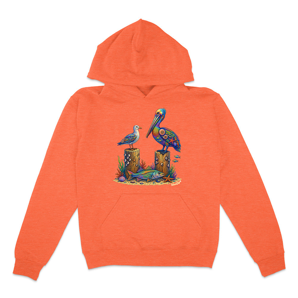 Orange hoodie with a pelican design on a white background
