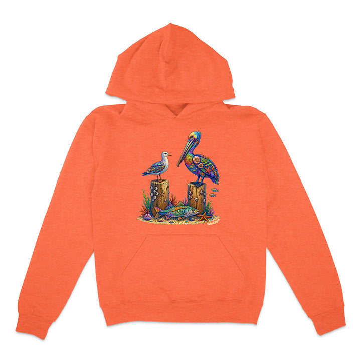 Orange hoodie with a pelican design on a white background