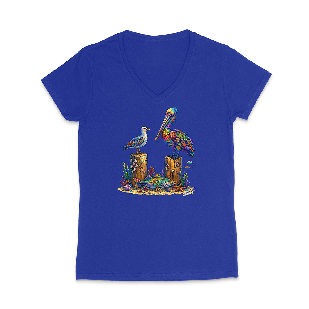 Blue t-shirt with a colorful graphic of birds and fish on a white background