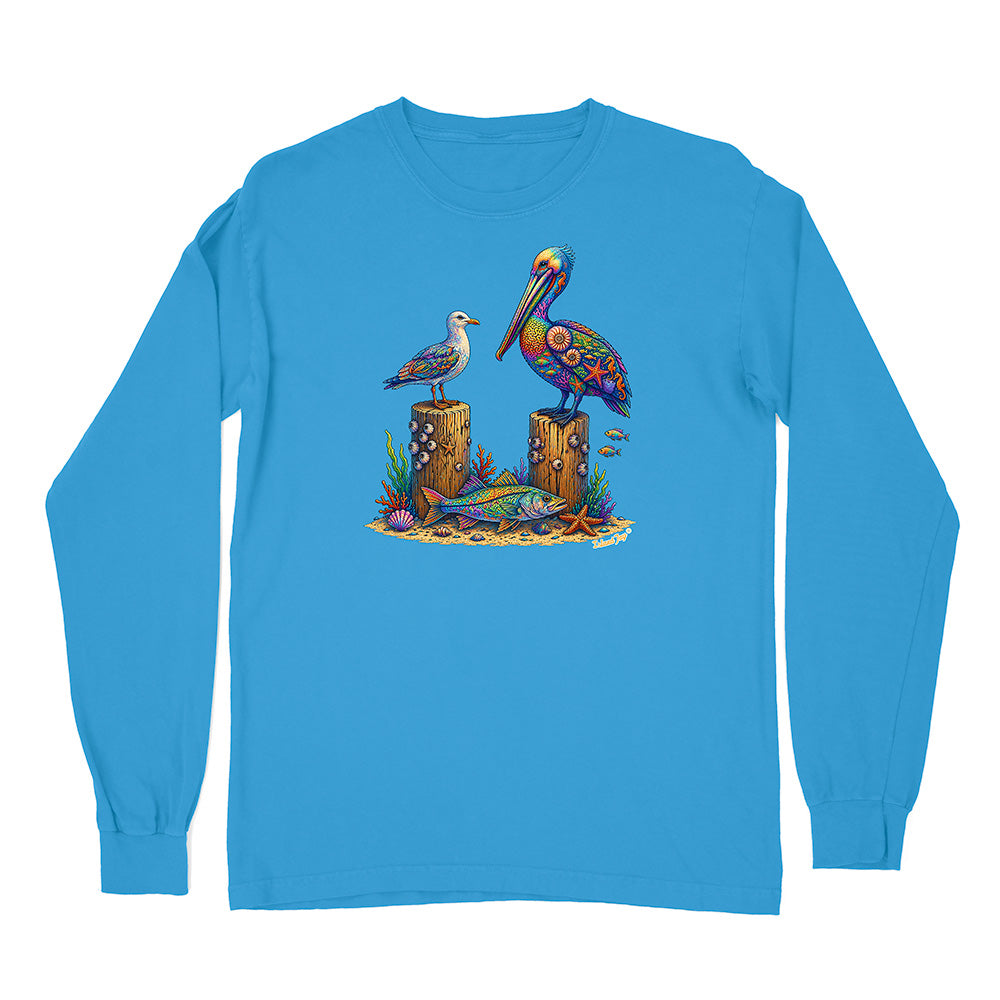 Blue long-sleeve shirt with a colorful pelican design on a white background