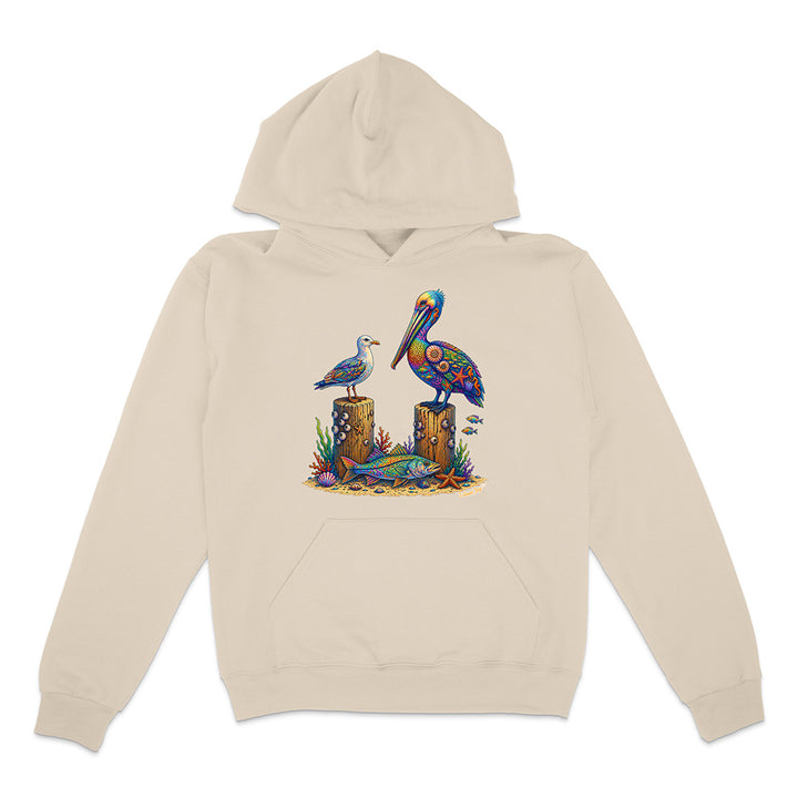 Beige hoodie with a colorful pelican design on a white background