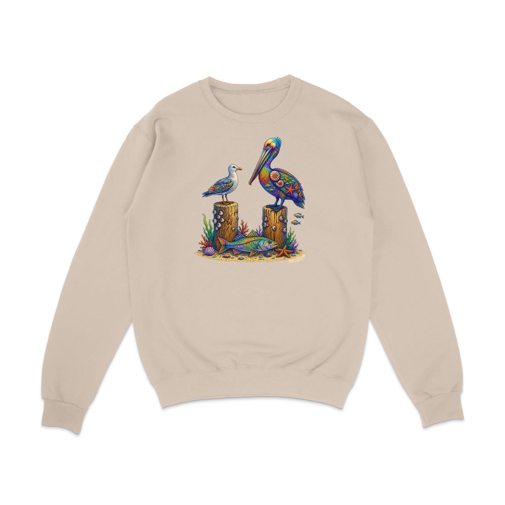 Beige sweatshirt with a colorful pelican design on a white background