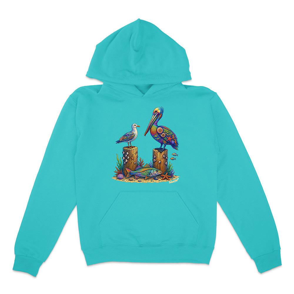 Turquoise hoodie with a colorful pelican design on a white background